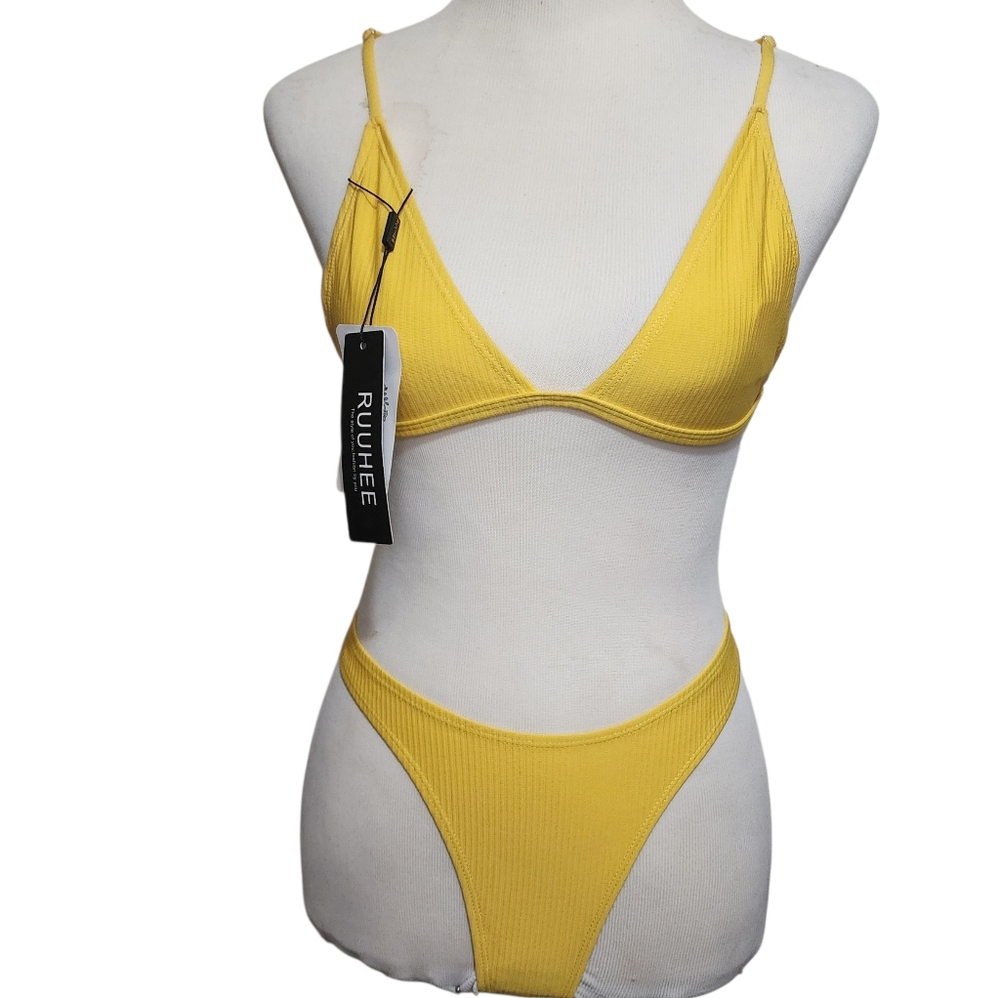 Ruuhee 2PC Bikini Thong Set JR LARGE Yellow Ribbed Baddie Coquette Swimsuit NWT